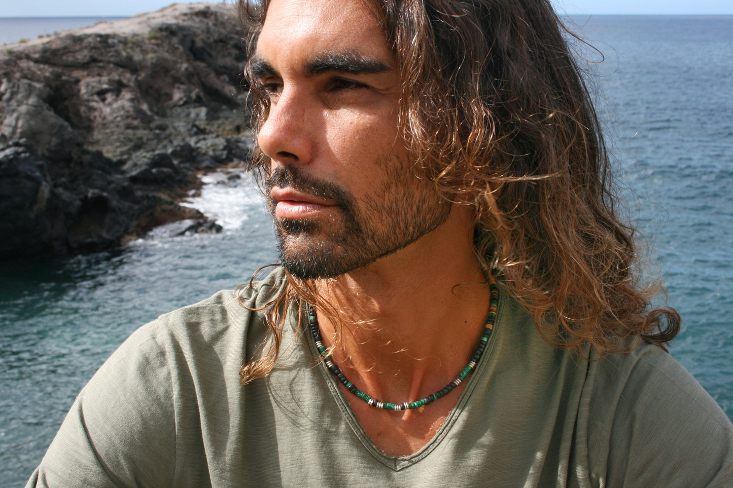 Malachite Heishi Choker Necklace with Coconut Beads – Handmade Boho Gemstone Jewelry