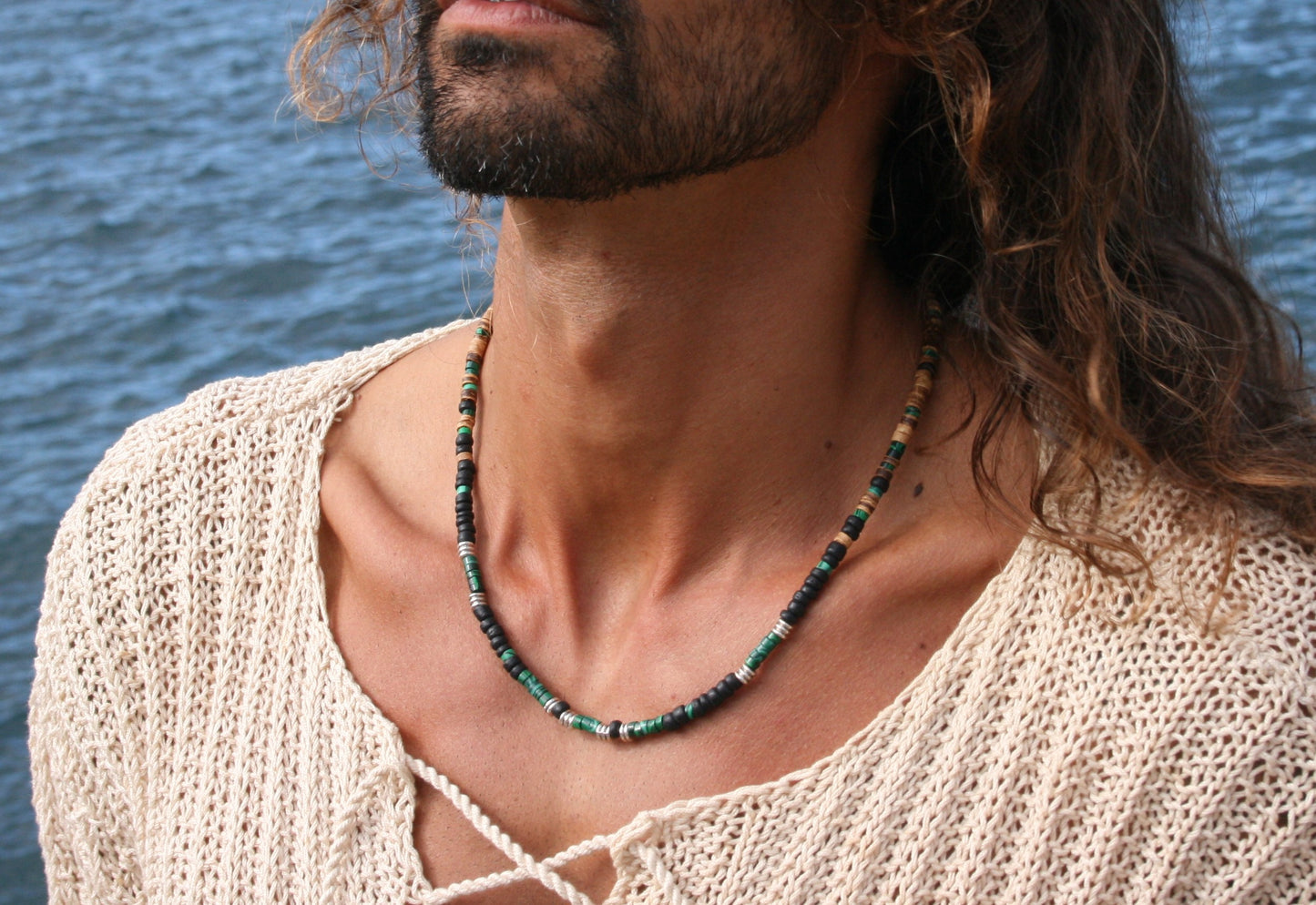 Malachite Heishi Choker Necklace with Coconut Beads – Handmade Boho Gemstone Jewelry