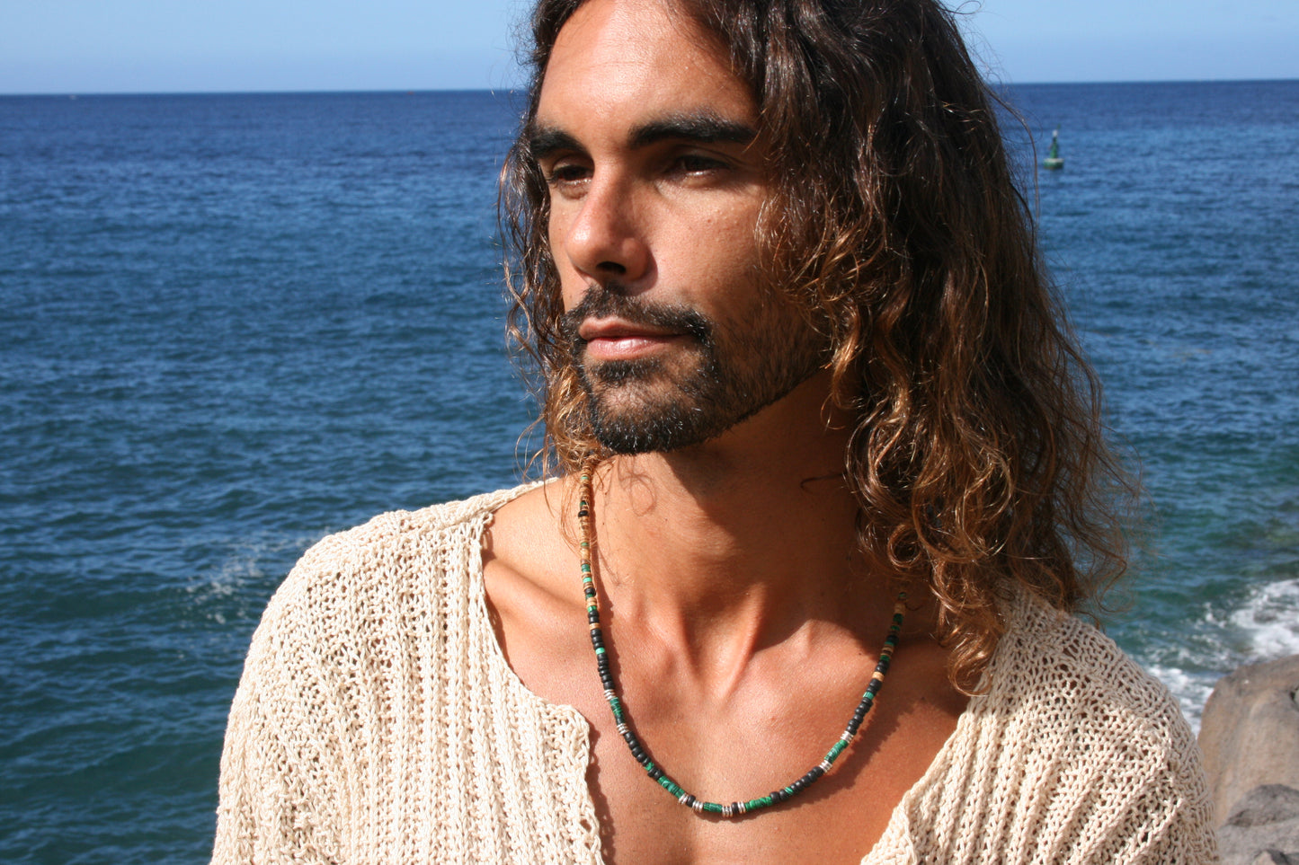 Malachite Heishi Choker Necklace with Coconut Beads – Handmade Boho Gemstone Jewelry