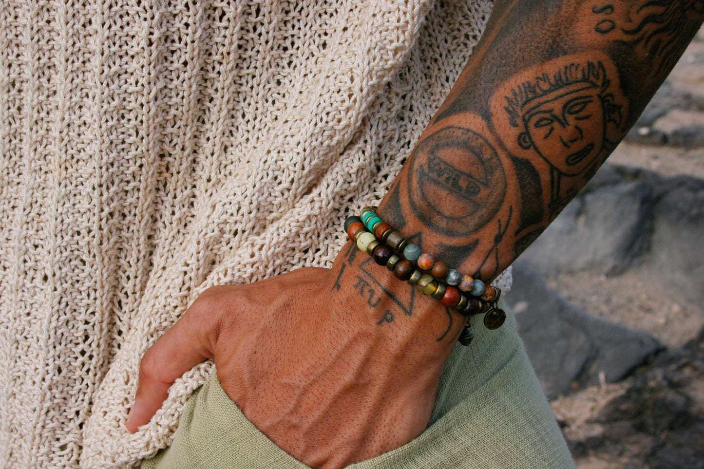 Mens Memory Wire Bracelet: Leather, Turquoise, Agate & Wood Beads Double Wrap Cuff Bracelet