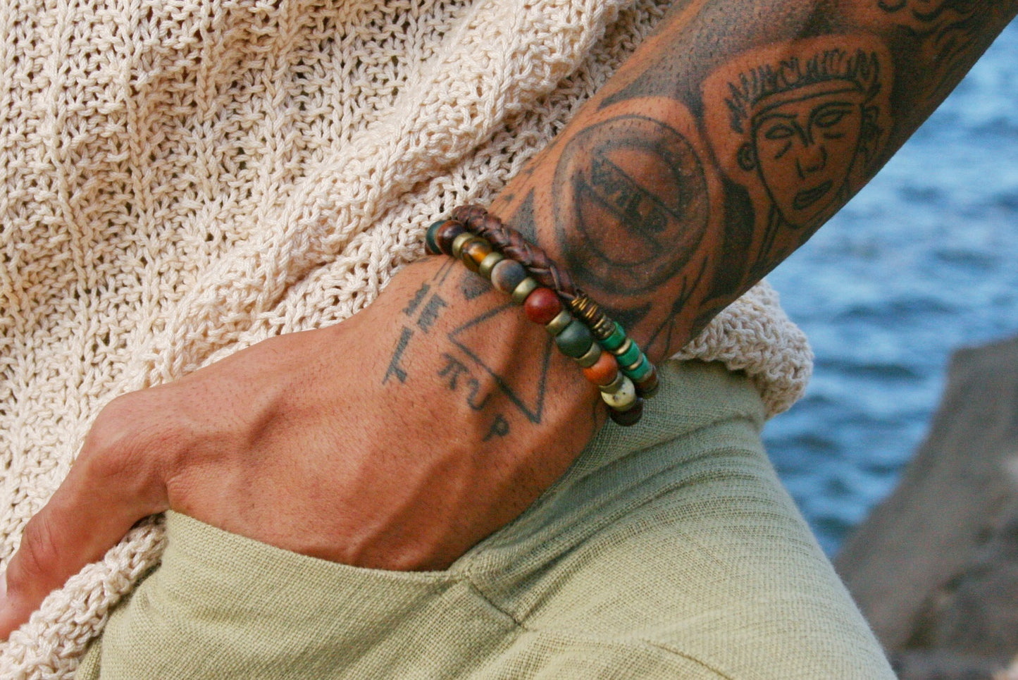 Mens Memory Wire Bracelet: Leather, Turquoise, Agate & Wood Beads Double Wrap Cuff Bracelet