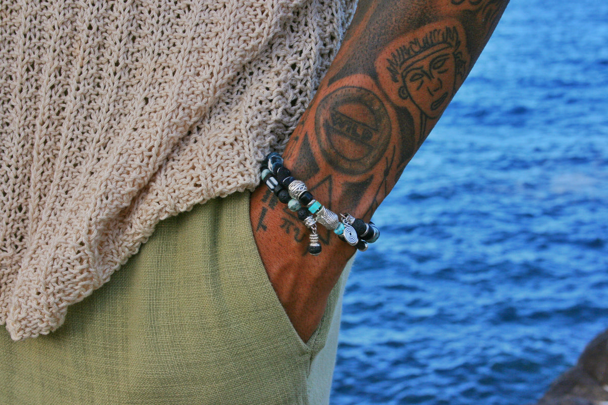 Men's Double Wrap Memory Wire Bracelet – Turquoise, Agate & Lava Stone Cuff
