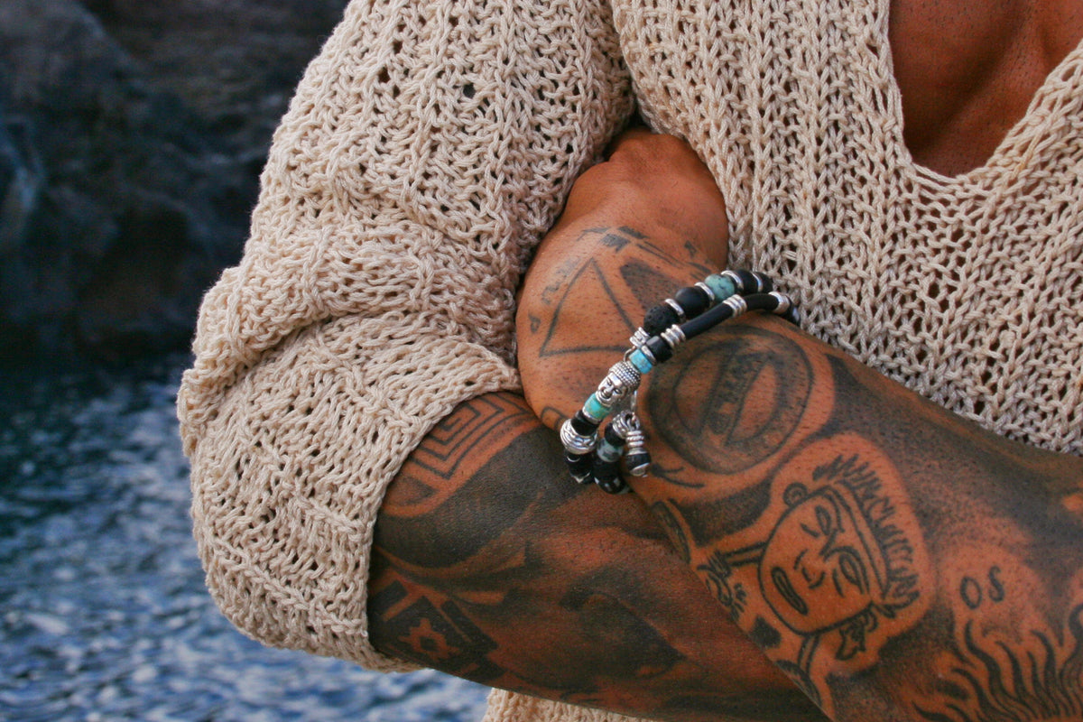 Men's Double Wrap Memory Wire Bracelet – Turquoise, Agate & Lava Stone Cuff