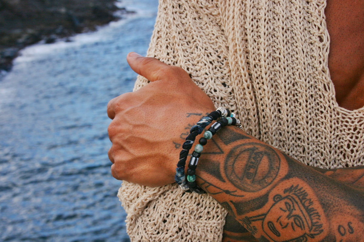 Men's Double Wrap Memory Wire Bracelet – Turquoise, Agate & Lava Stone Cuff