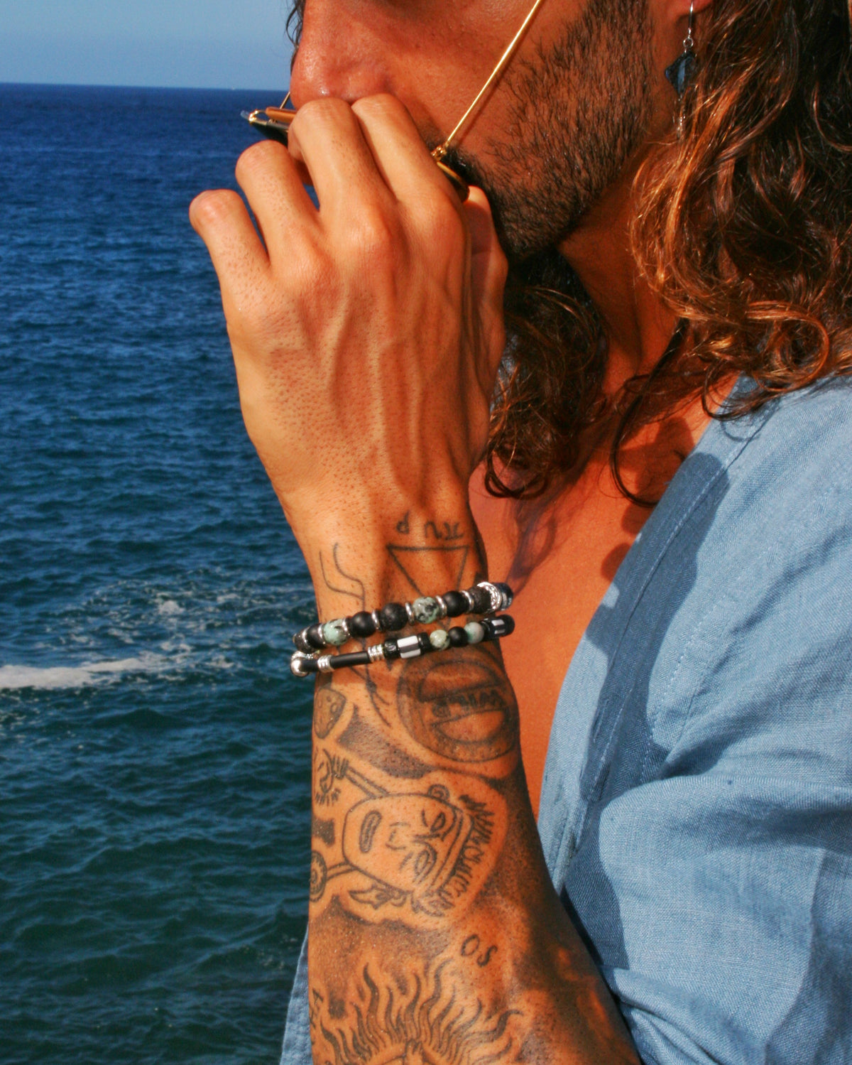 Men's Double Wrap Memory Wire Bracelet – Turquoise, Agate & Lava Stone Cuff