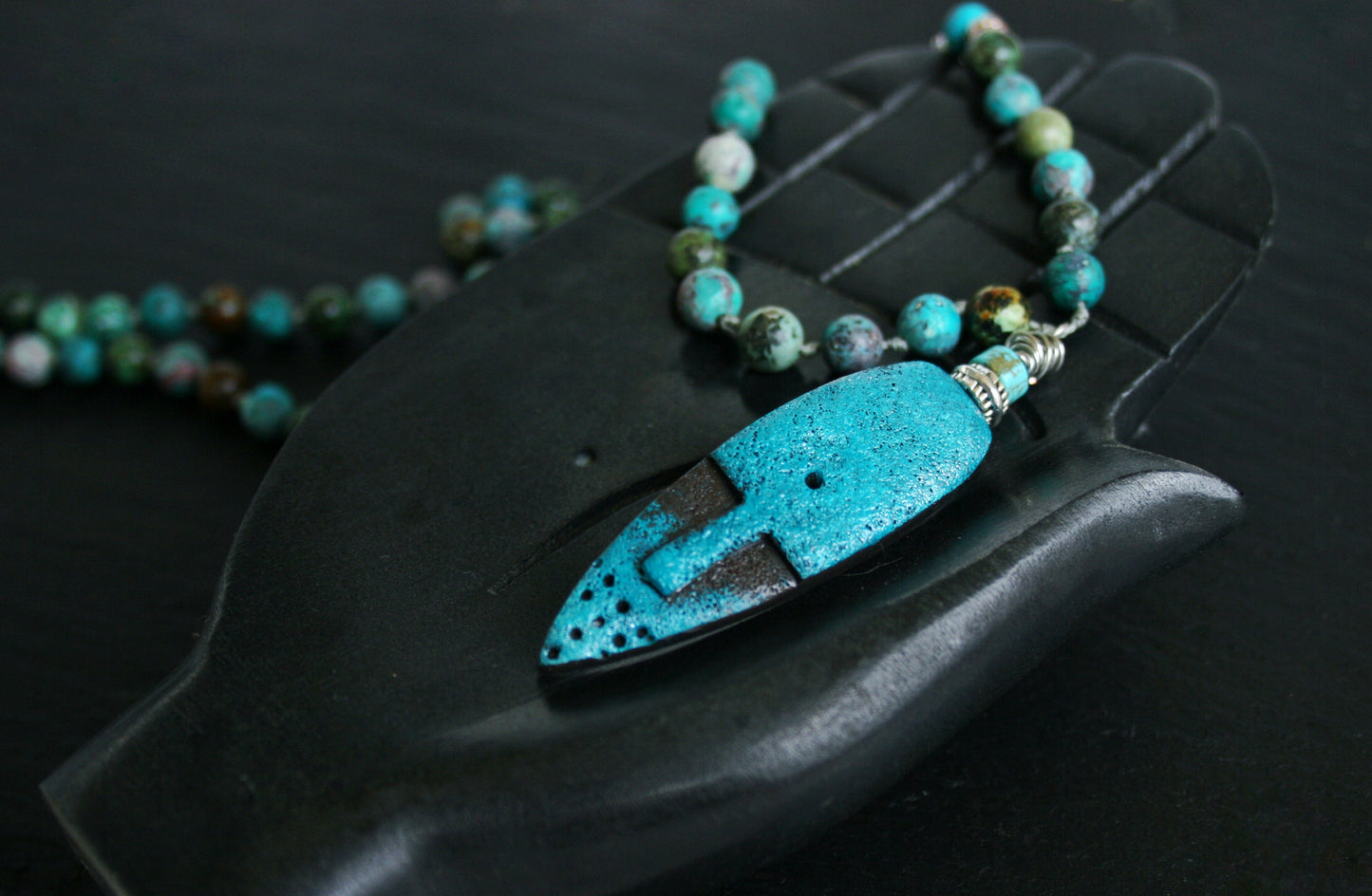 Turquoise Beaded Mask Pendant Necklace: Ethnic Boho Men's Jewelry