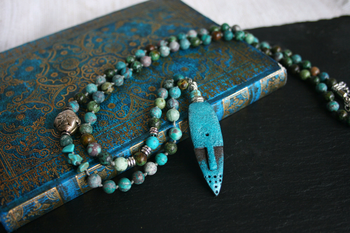 Turquoise Beaded Mask Pendant Necklace: Ethnic Boho Men's Jewelry