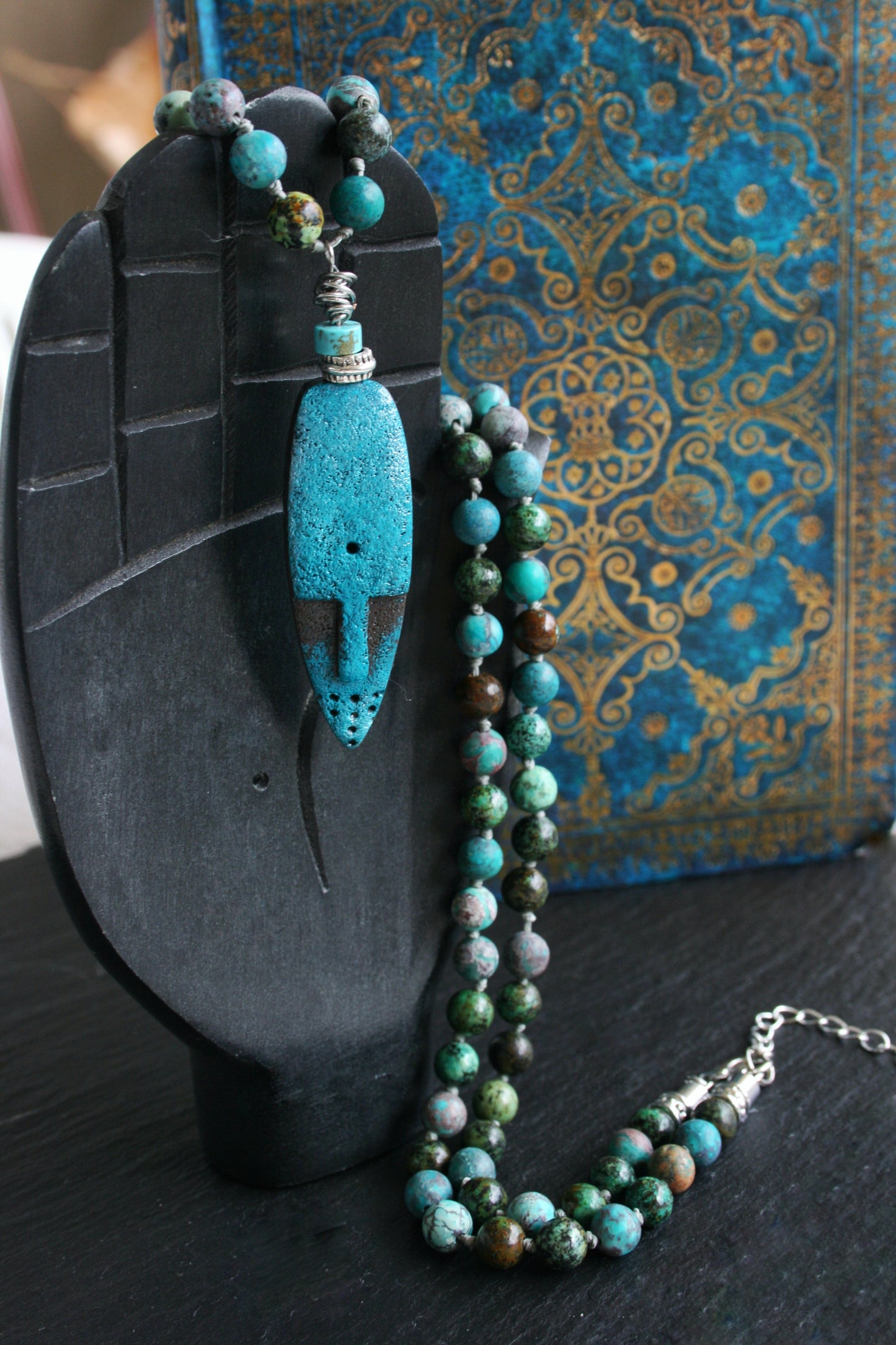 Turquoise Beaded Mask Pendant Necklace: Ethnic Boho Men's Jewelry