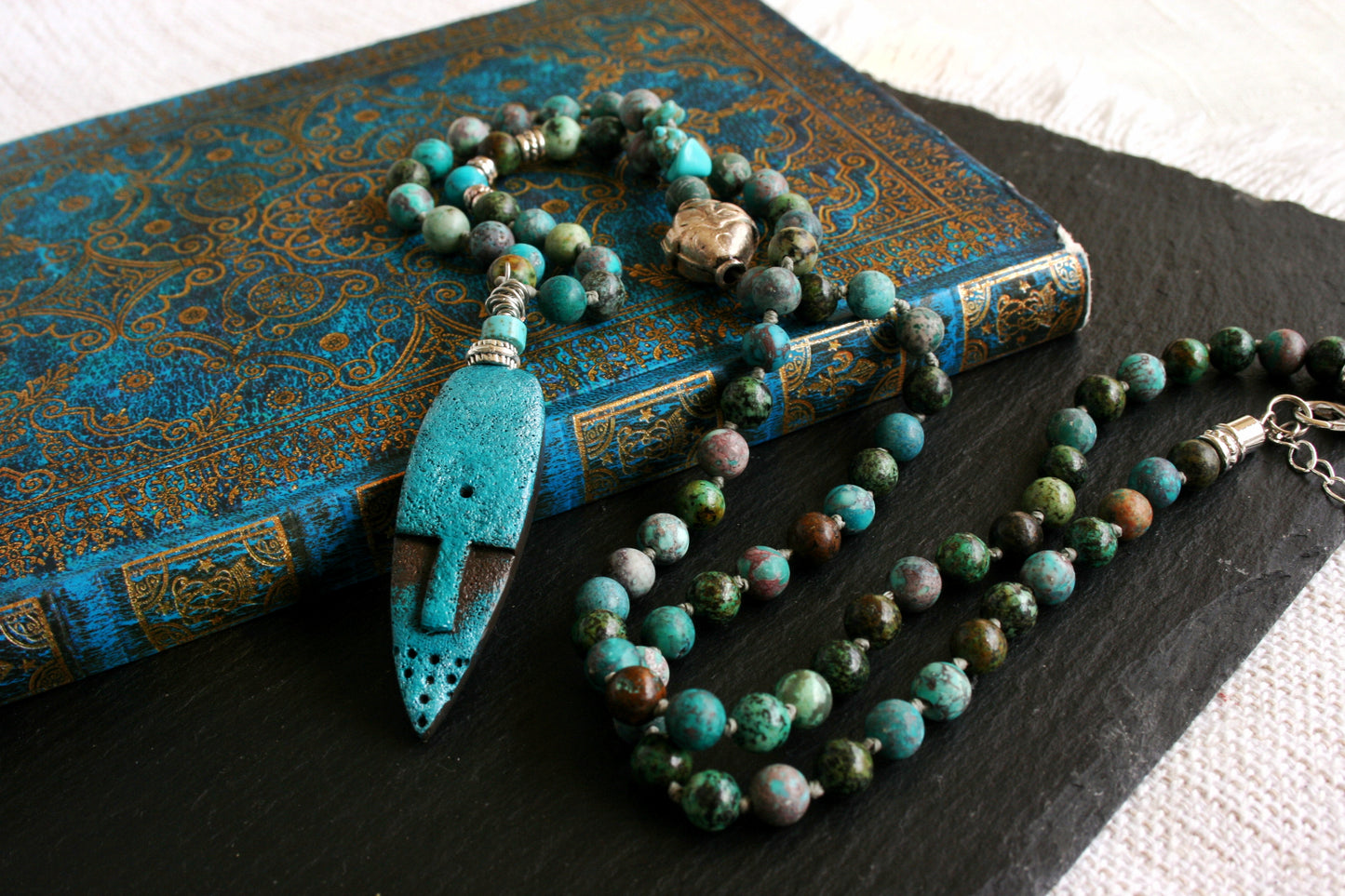 Turquoise Beaded Mask Pendant Necklace: Ethnic Boho Men's Jewelry