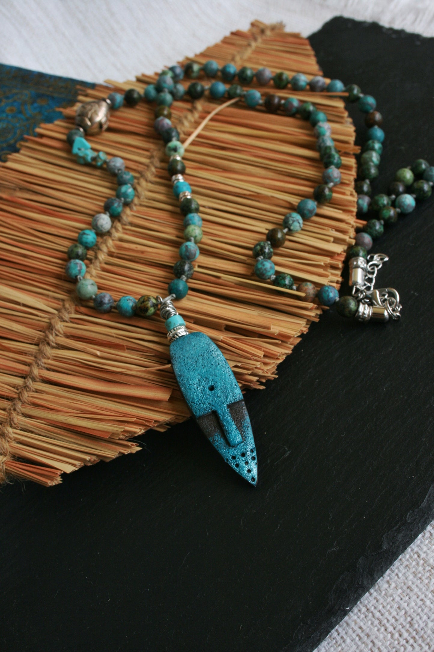 Turquoise Beaded Mask Pendant Necklace: Ethnic Boho Men's Jewelry