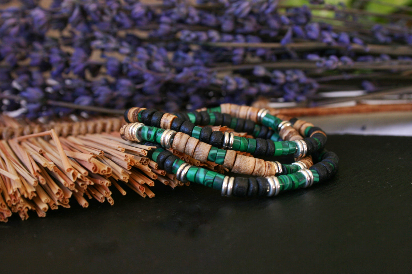 Malachite Coconut Bead Bracelet Set for Men | Boho Stackable Bracelets | Handmade Gemstone Jewelry