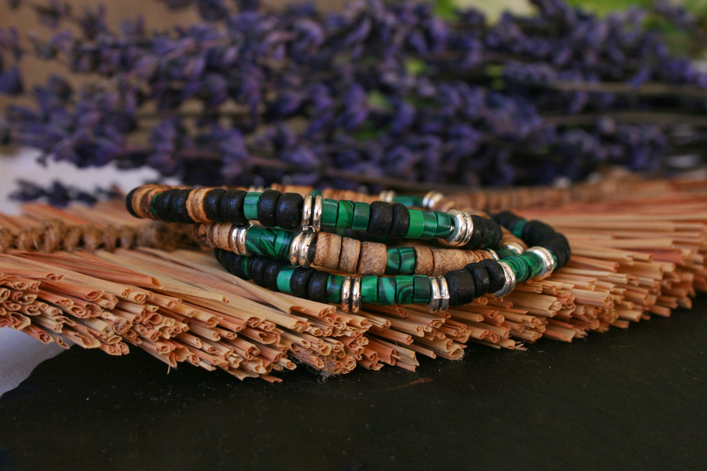 Malachite Coconut Bead Bracelet Set for Men | Boho Stackable Bracelets | Handmade Gemstone Jewelry