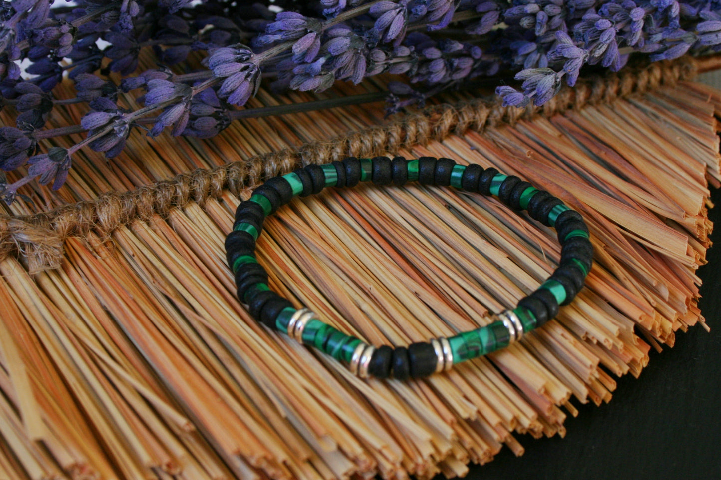 Malachite Coconut Bead Bracelet Set for Men | Boho Stackable Bracelets | Handmade Gemstone Jewelry