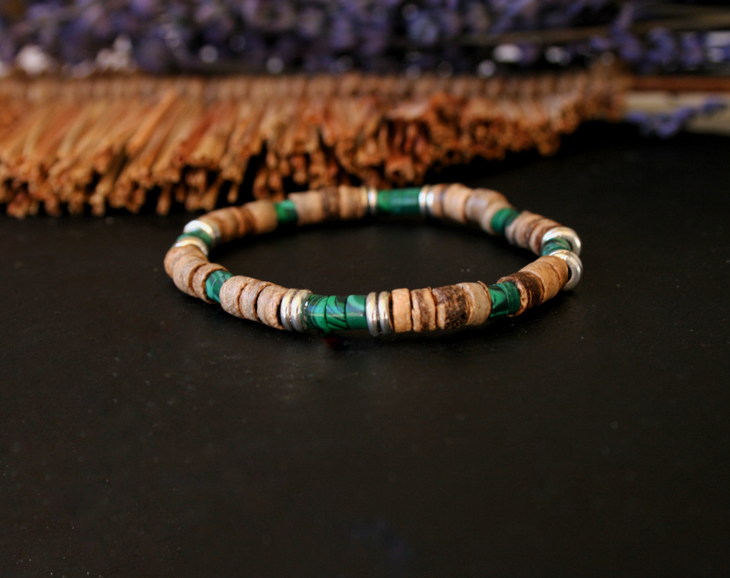Malachite Coconut Bead Bracelet Set for Men | Boho Stackable Bracelets | Handmade Gemstone Jewelry