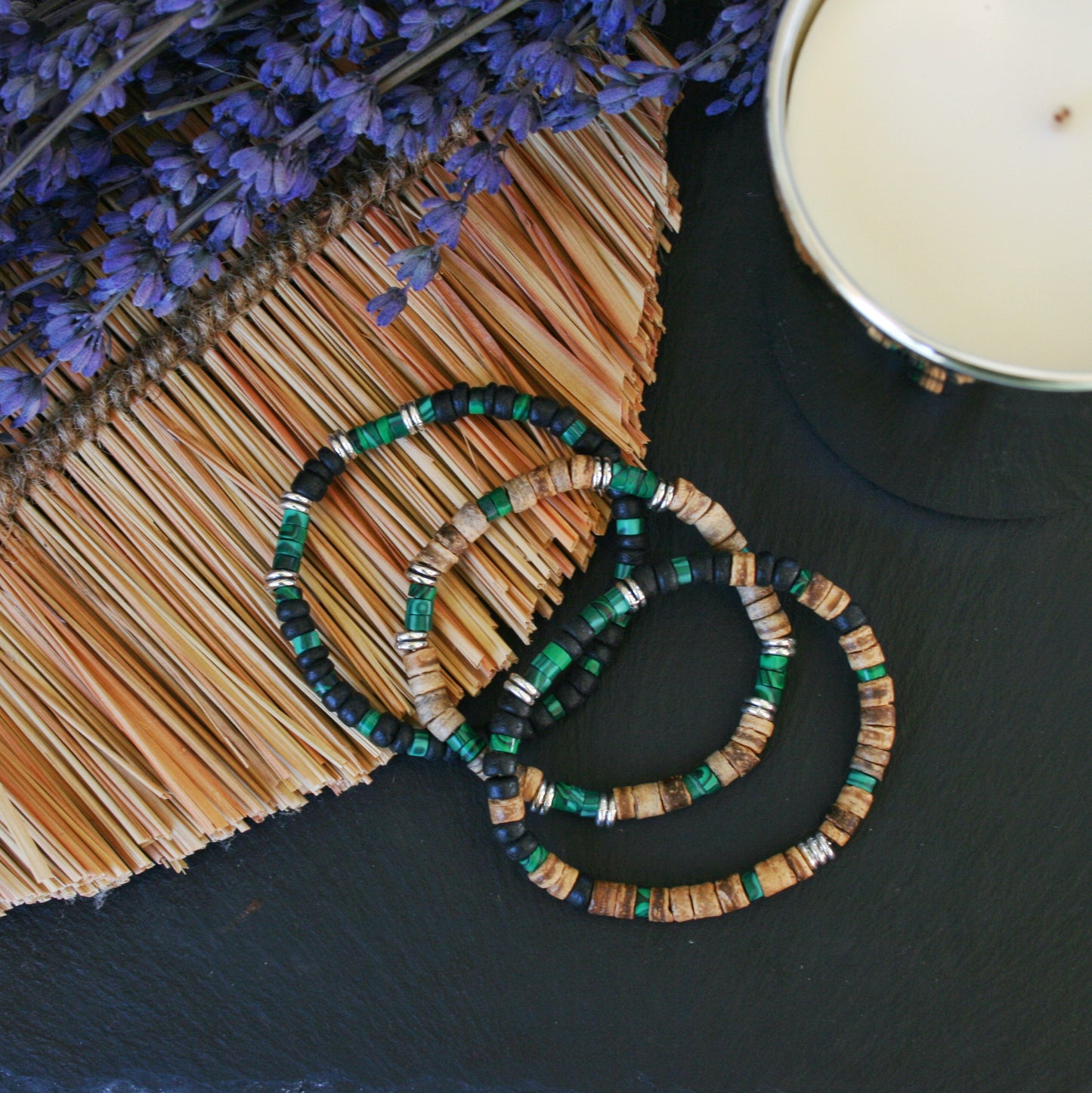 Malachite Coconut Bead Bracelet Set for Men | Boho Stackable Bracelets | Handmade Gemstone Jewelry