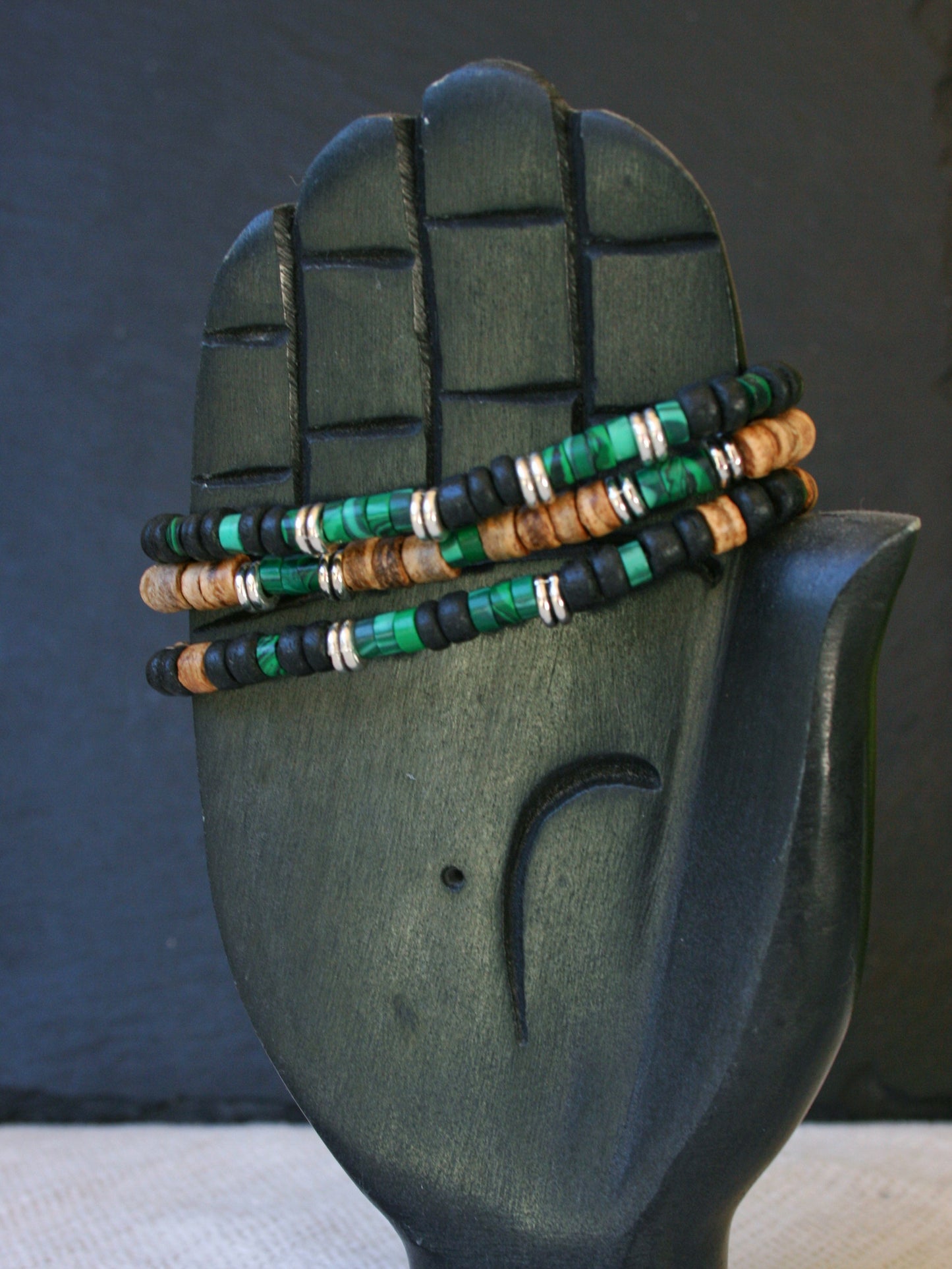 Malachite Coconut Bead Bracelet Set for Men | Boho Stackable Bracelets | Handmade Gemstone Jewelry