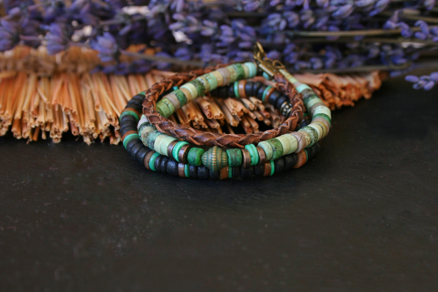 Men's Gemstone Leather Bracelet Set, Boho Coconut & Shell Stackable Bracelets, Handmade Layered Jewelry Gift