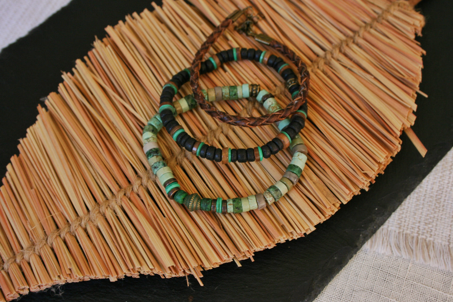 Men's Gemstone Leather Bracelet Set, Boho Coconut & Shell Stackable Bracelets, Handmade Layered Jewelry Gift