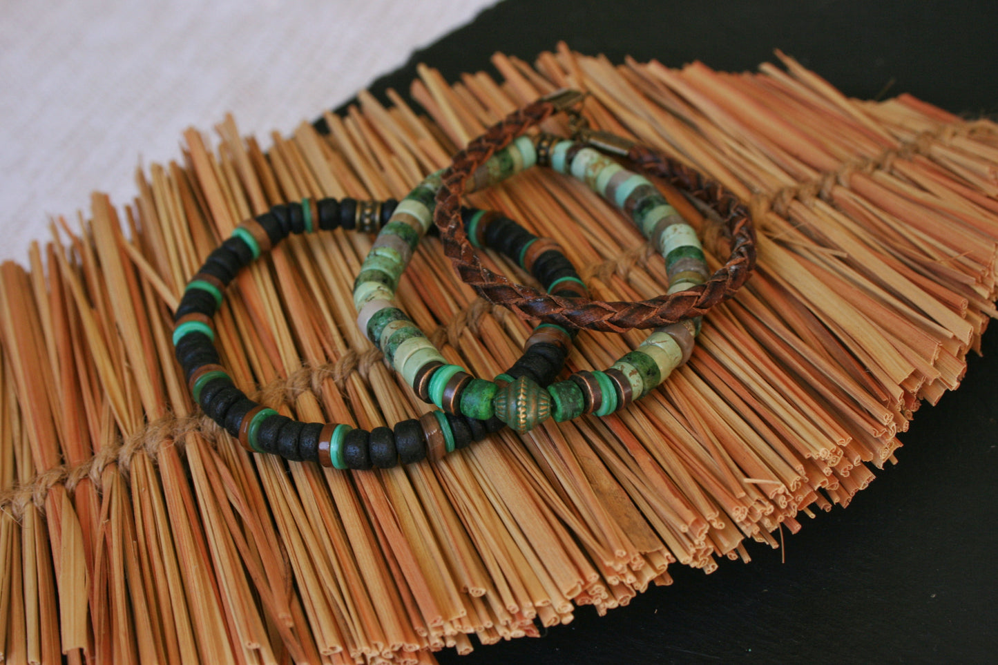Men's Gemstone Leather Bracelet Set, Boho Coconut & Shell Stackable Bracelets, Handmade Layered Jewelry Gift