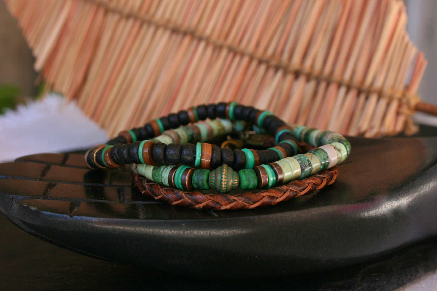 Men's Gemstone Leather Bracelet Set, Boho Coconut & Shell Stackable Bracelets, Handmade Layered Jewelry Gift