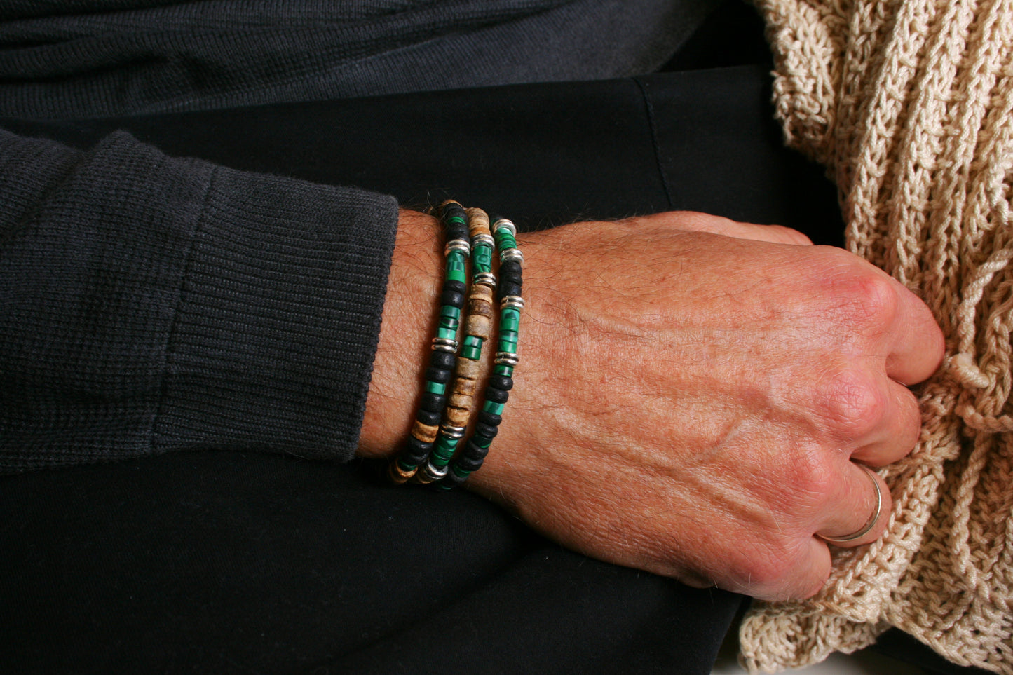 Malachite Coconut Bead Bracelet Set for Men | Boho Stackable Bracelets | Handmade Gemstone Jewelry