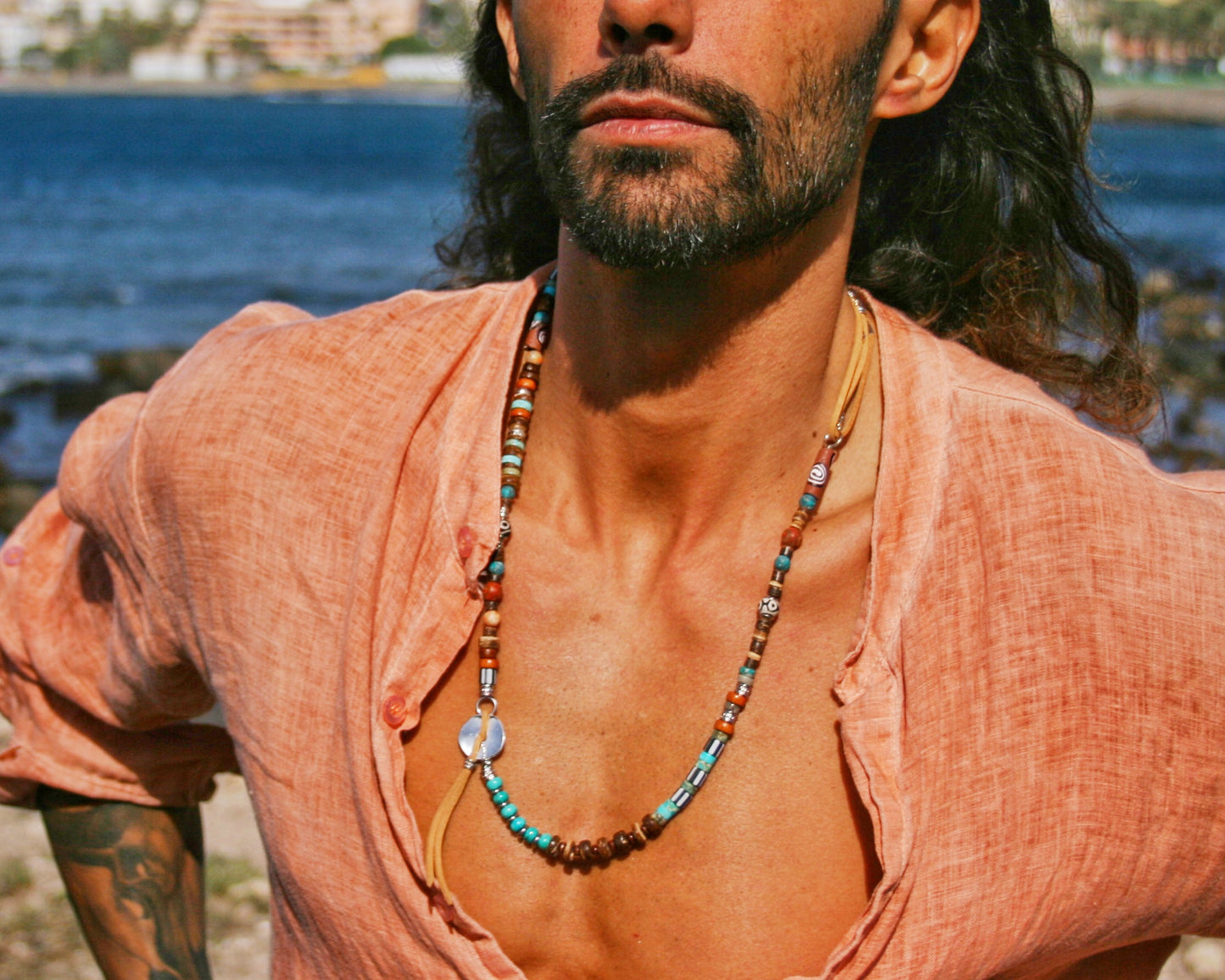 Mens Tribal Necklace – Asymmetrical Gemstone & Leather Boho Necklace