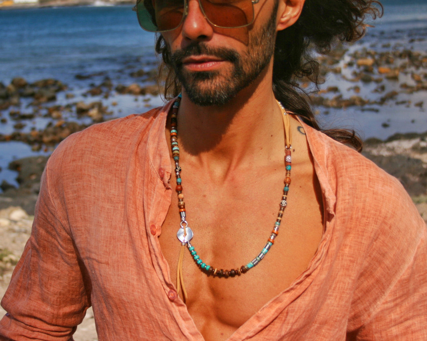 Mens Tribal Necklace – Asymmetrical Gemstone & Leather Boho Necklace