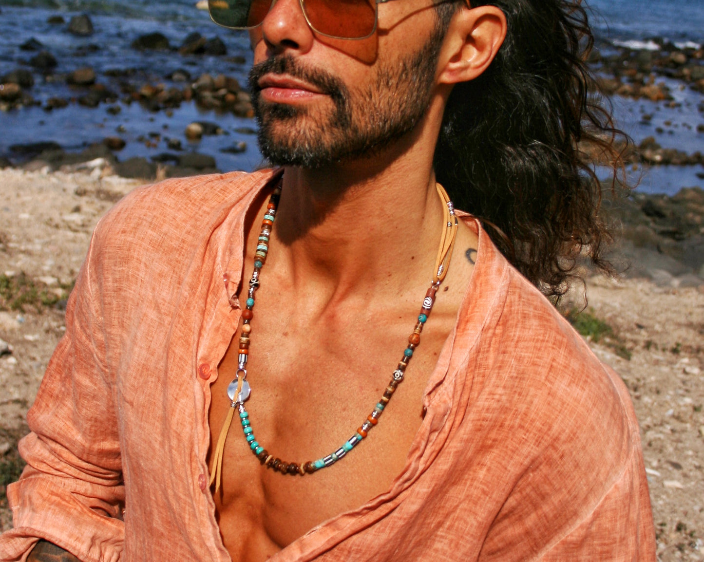 Mens Tribal Necklace – Asymmetrical Gemstone & Leather Boho Necklace