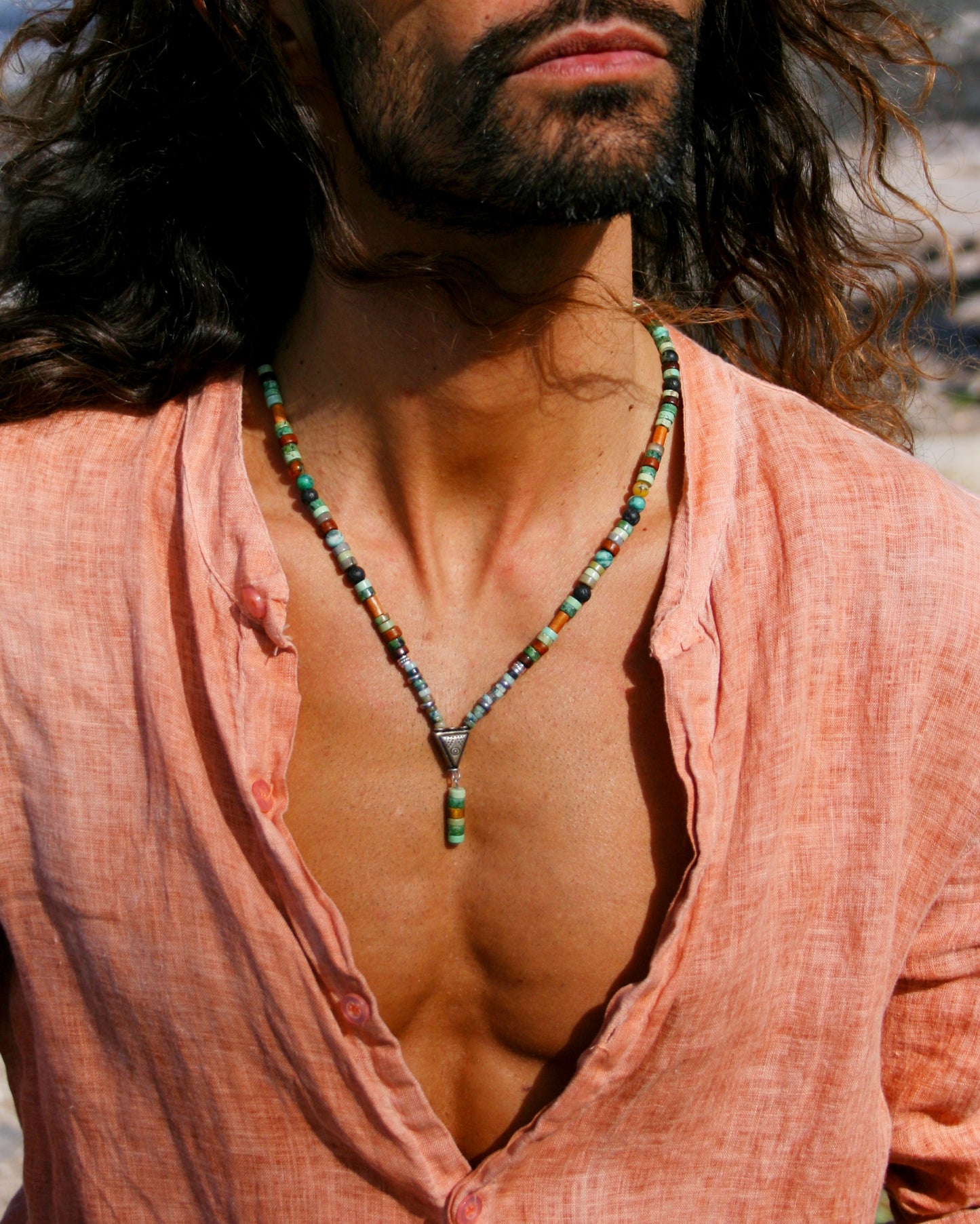 Men's Gemstone Triangle Pendant Necklace – Tribal Beaded Choker with African Turquoise, Jasper & Tiger Eye