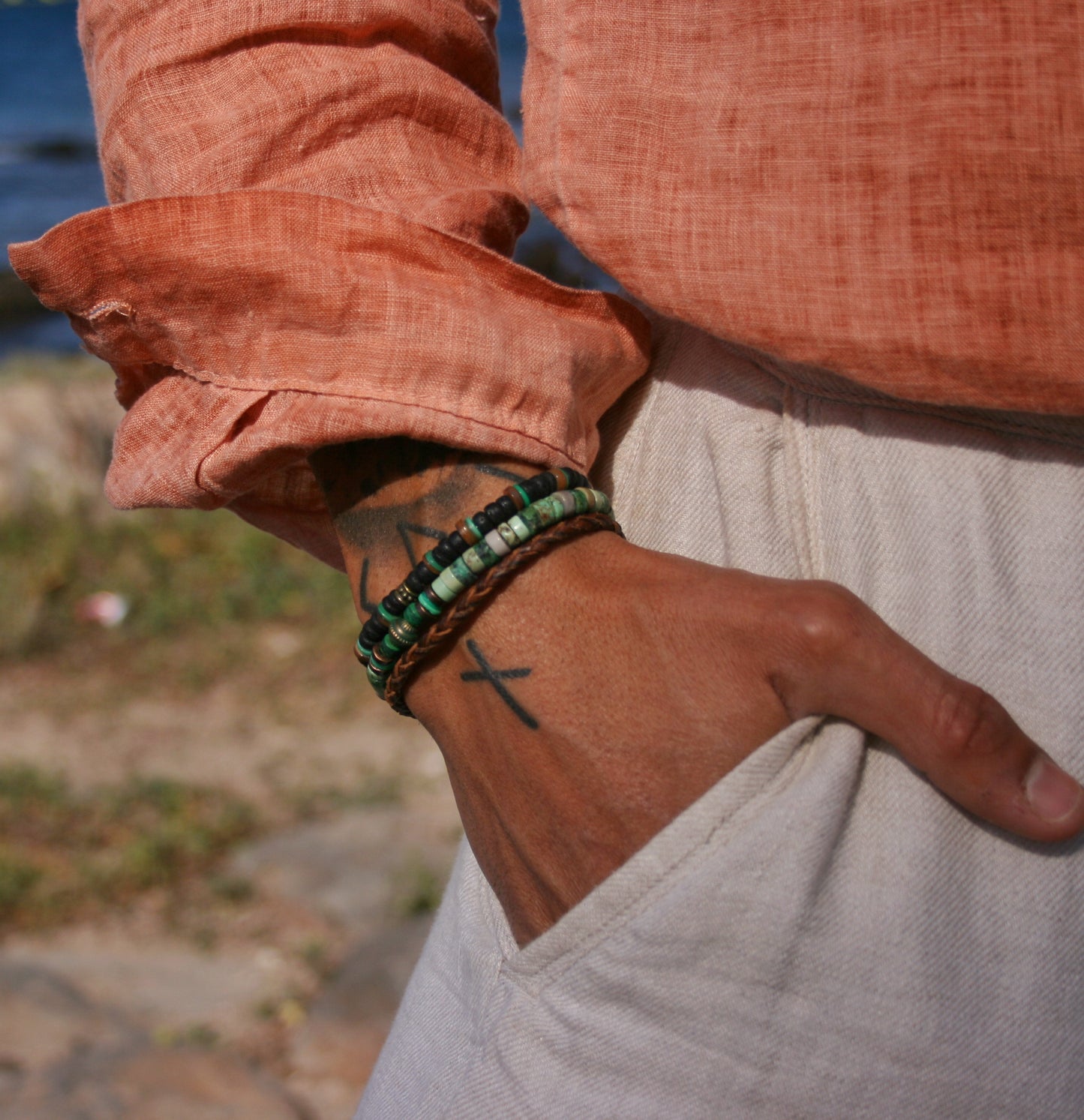 Men's Gemstone Leather Bracelet Set, Boho Coconut & Shell Stackable Bracelets, Handmade Layered Jewelry Gift