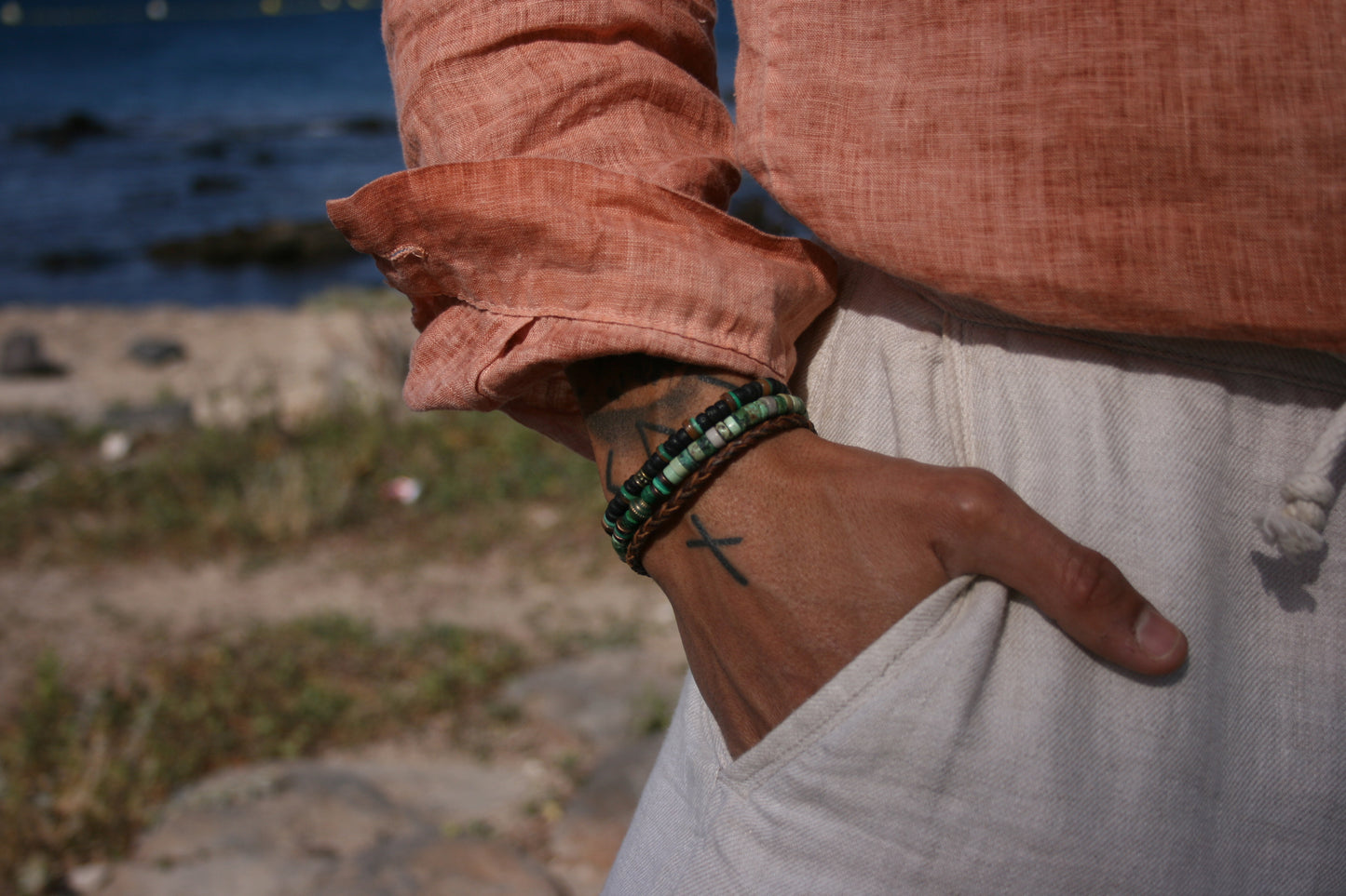 Men's Gemstone Leather Bracelet Set, Boho Coconut & Shell Stackable Bracelets, Handmade Layered Jewelry Gift