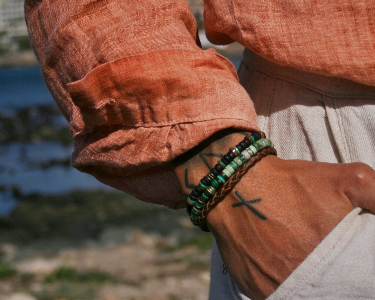 Men's Gemstone Leather Bracelet Set, Boho Coconut & Shell Stackable Bracelets, Handmade Layered Jewelry Gift