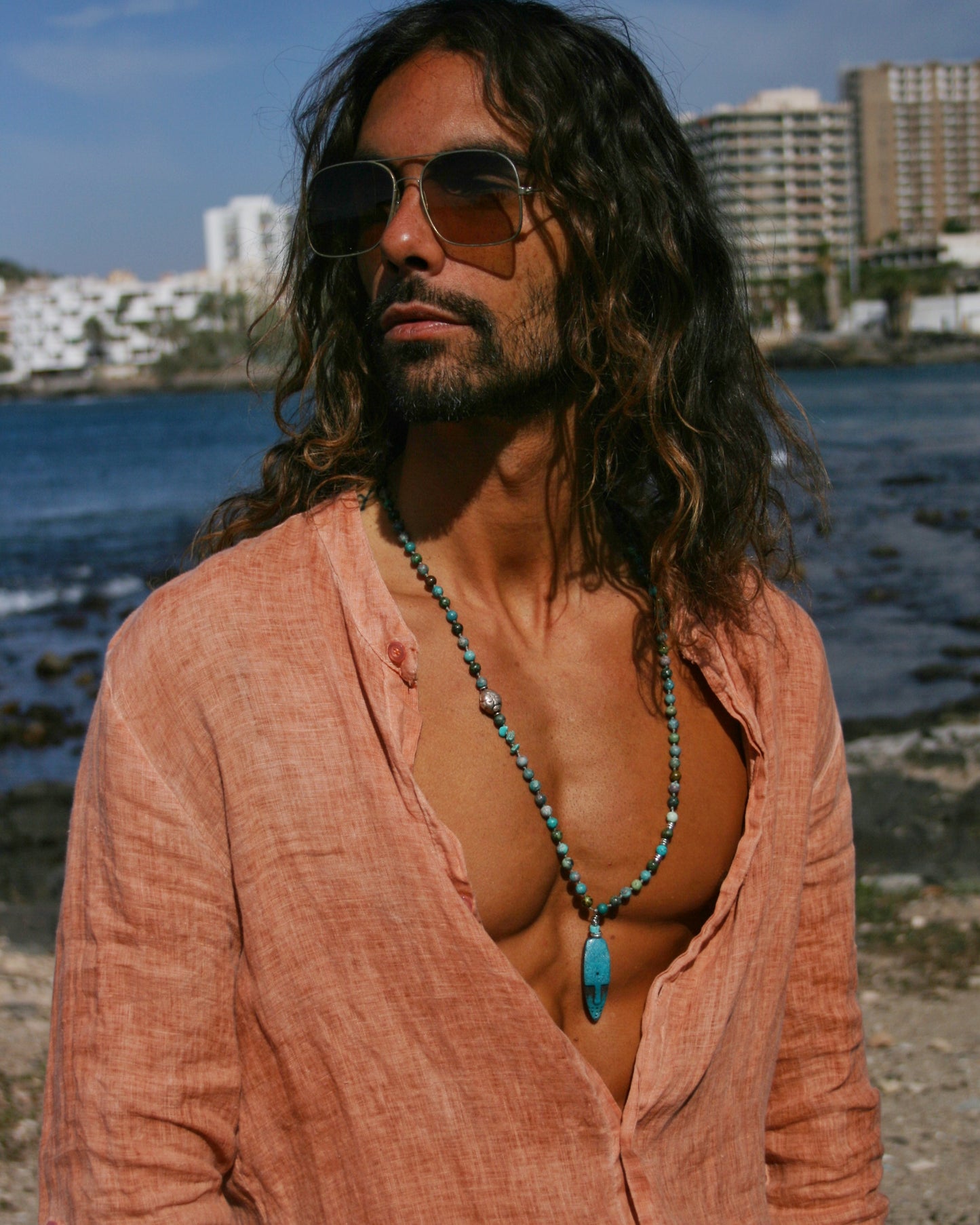 Turquoise Beaded Mask Pendant Necklace: Ethnic Boho Men's Jewelry