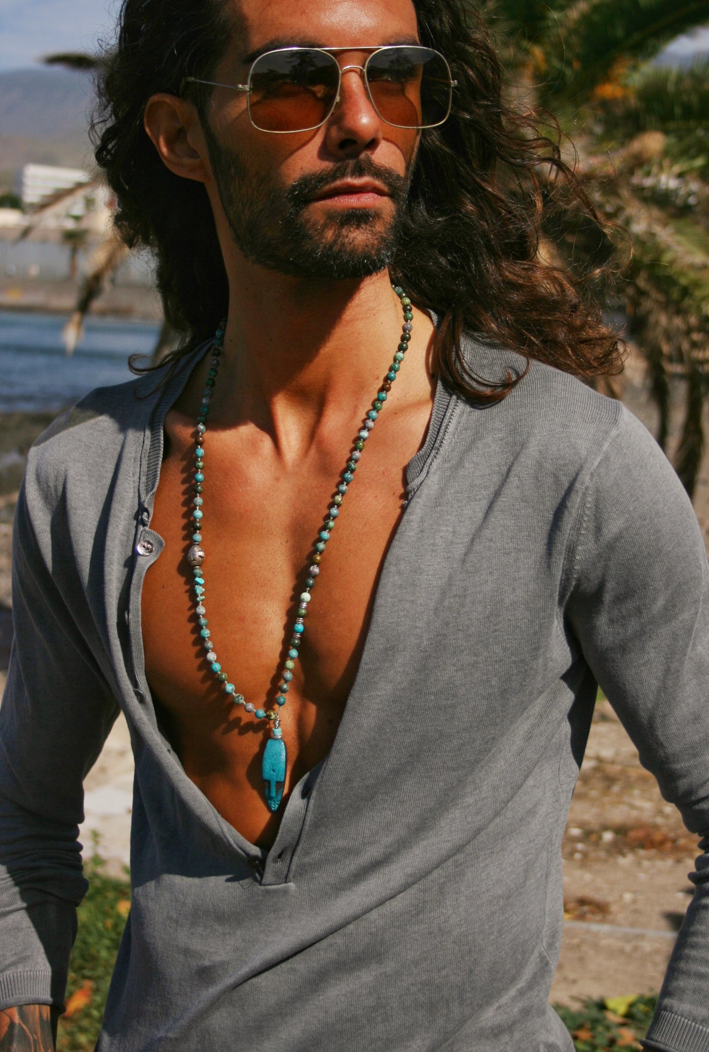 Turquoise Beaded Mask Pendant Necklace: Ethnic Boho Men's Jewelry