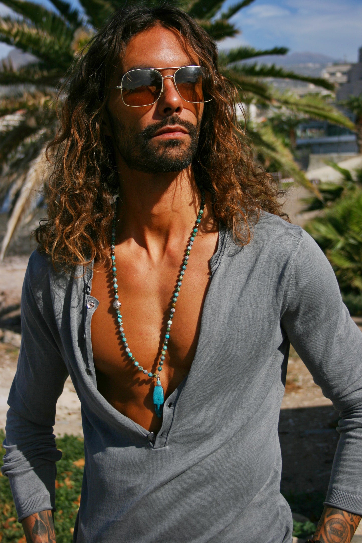 Turquoise Beaded Mask Pendant Necklace: Ethnic Boho Men's Jewelry