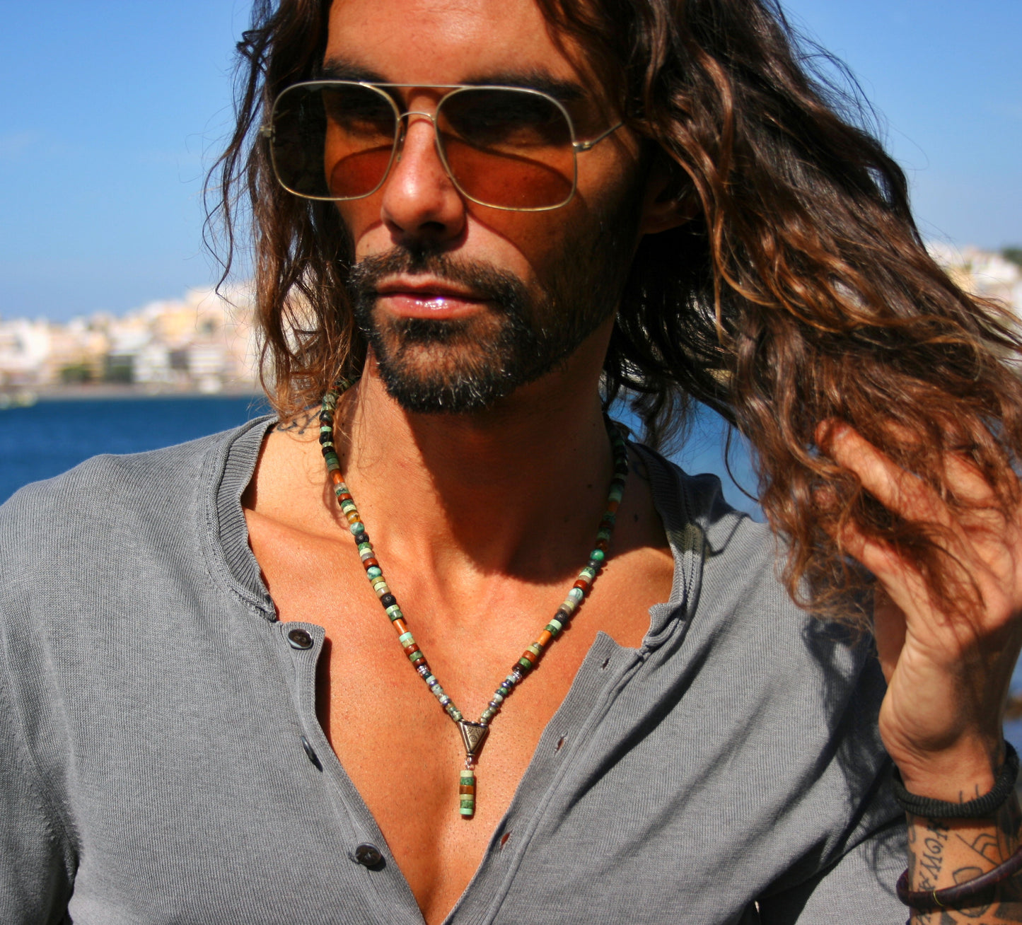 Men's Gemstone Triangle Pendant Necklace – Tribal Beaded Choker with African Turquoise, Jasper & Tiger Eye