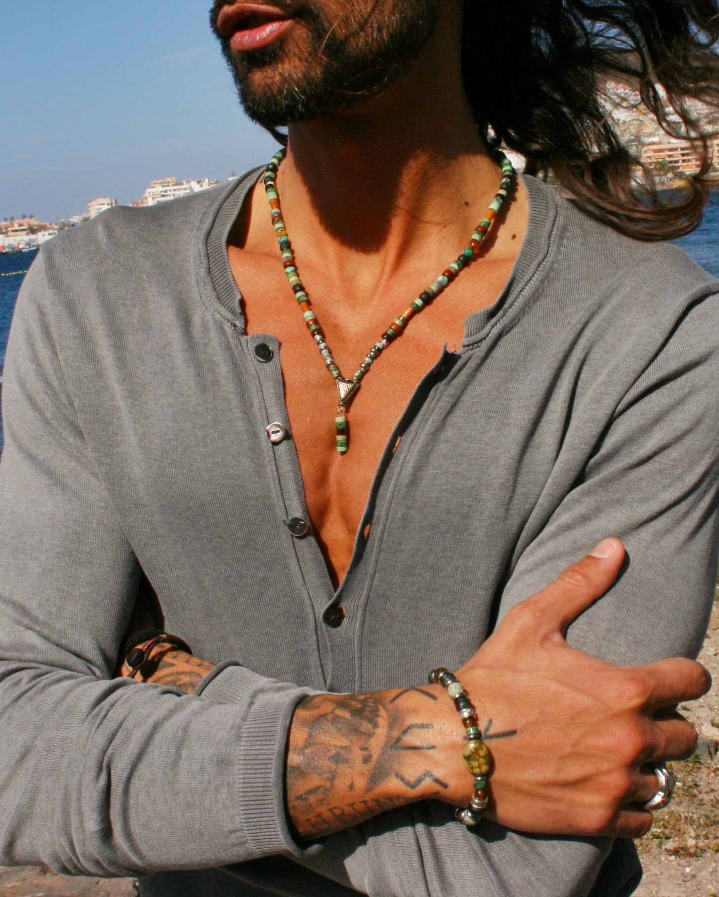 Men's Gemstone Triangle Pendant Necklace – Tribal Beaded Choker with African Turquoise, Jasper & Tiger Eye