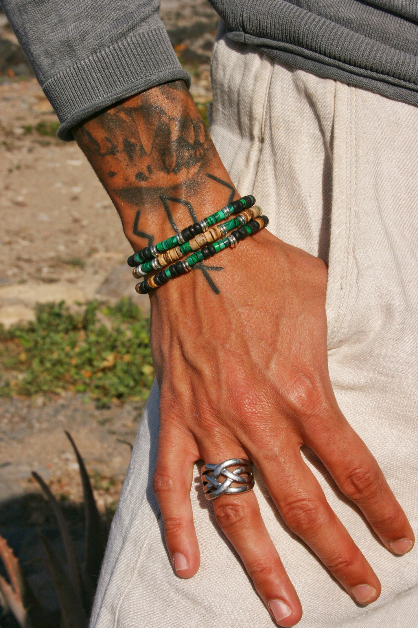 Malachite Coconut Bead Bracelet Set for Men | Boho Stackable Bracelets | Handmade Gemstone Jewelry