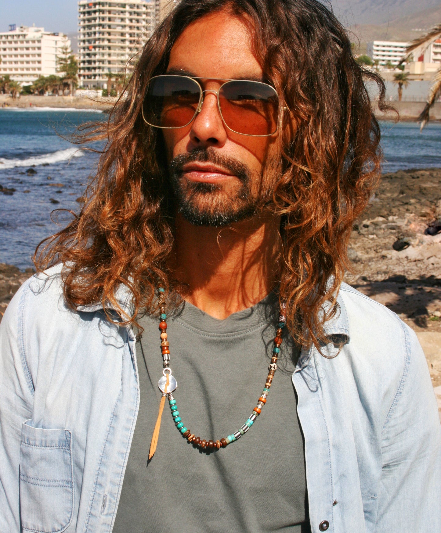 Mens Tribal Necklace – Asymmetrical Gemstone & Leather Boho Necklace