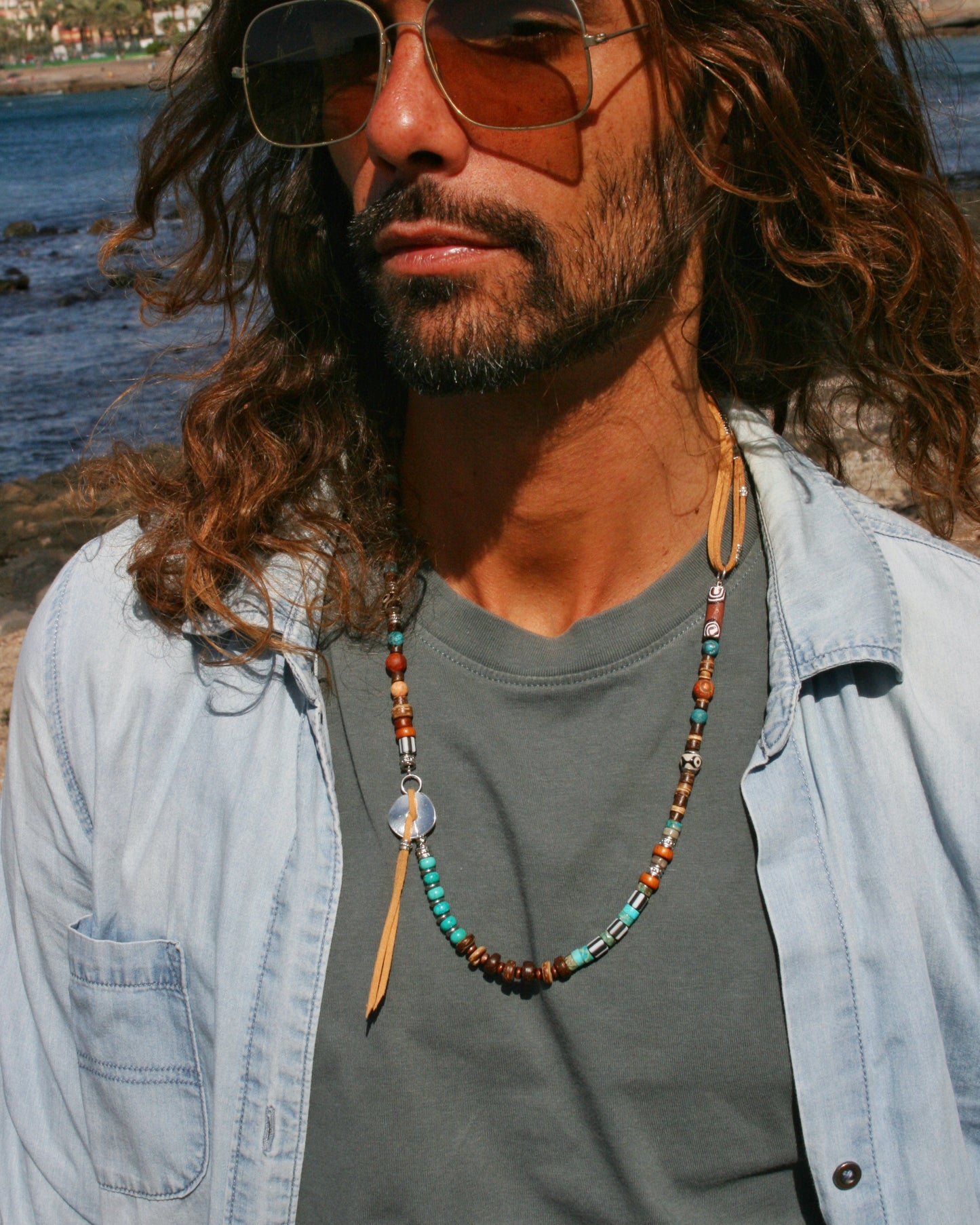 Mens Tribal Necklace – Asymmetrical Gemstone & Leather Boho Necklace