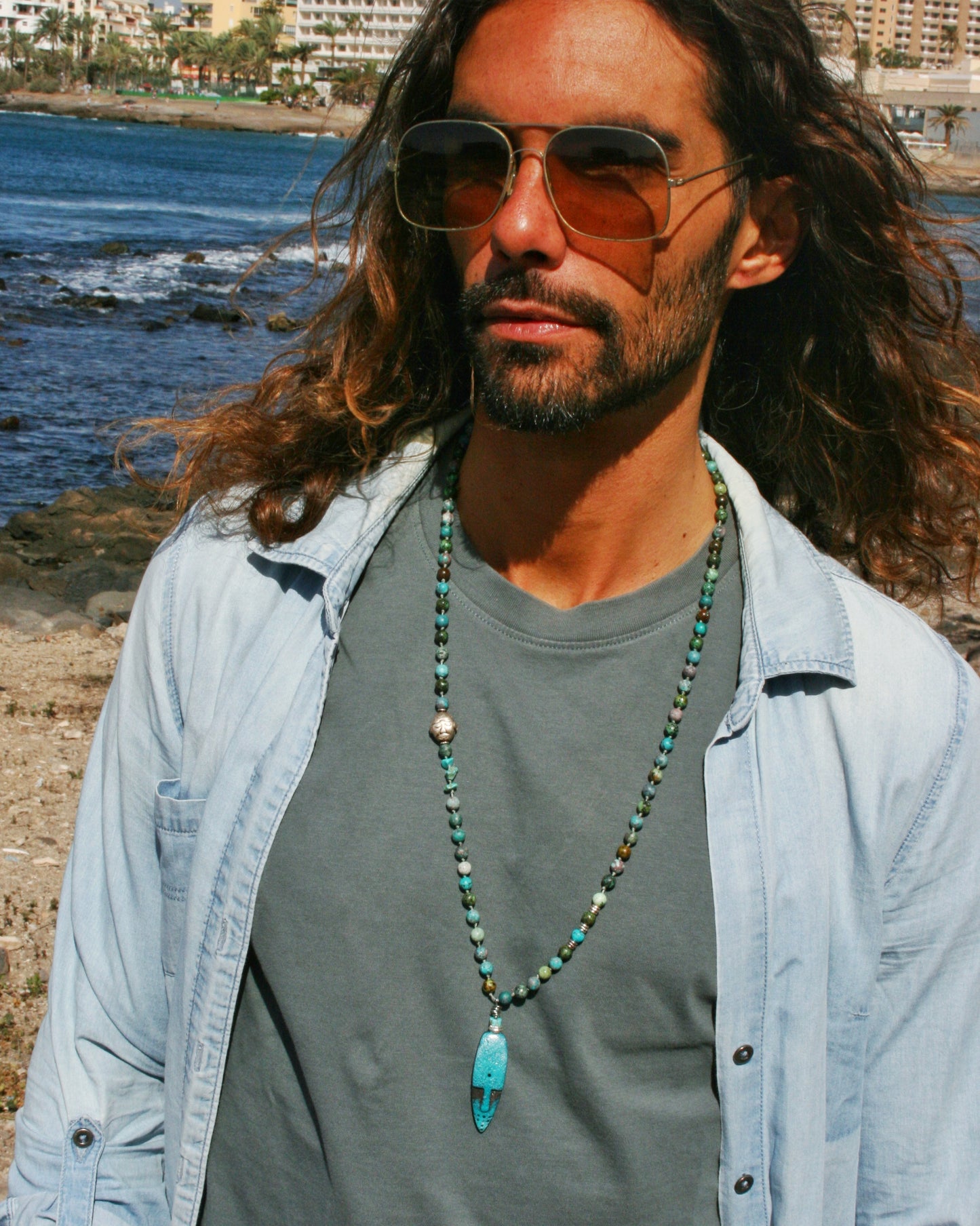 Turquoise Beaded Mask Pendant Necklace: Ethnic Boho Men's Jewelry