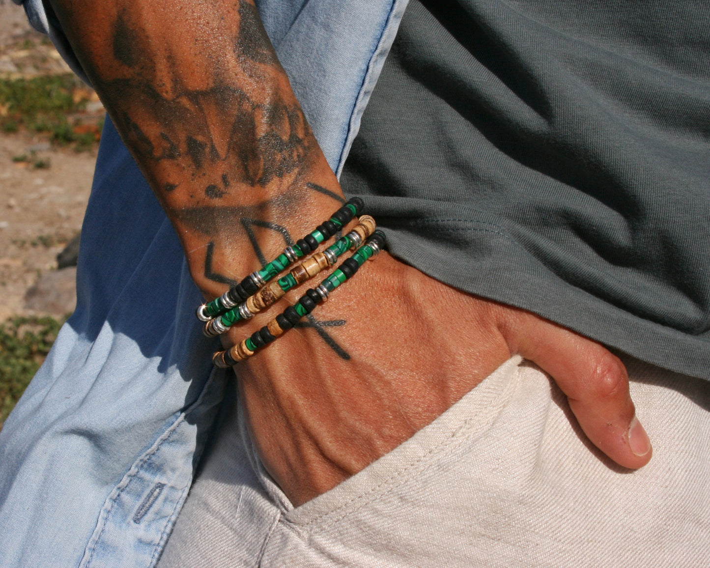 Malachite Coconut Bead Bracelet Set for Men | Boho Stackable Bracelets | Handmade Gemstone Jewelry