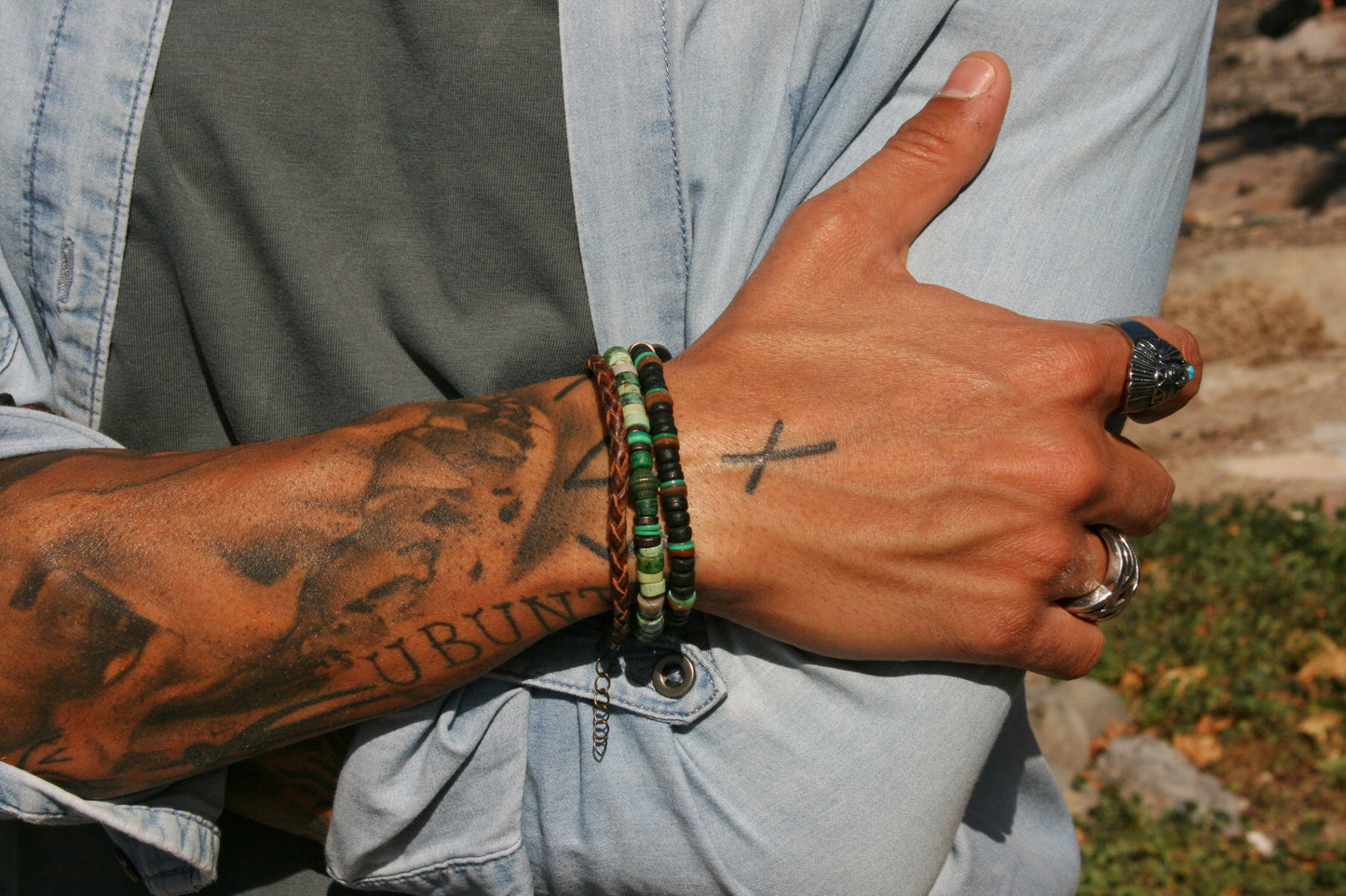 Men's Gemstone Leather Bracelet Set, Boho Coconut & Shell Stackable Bracelets, Handmade Layered Jewelry Gift