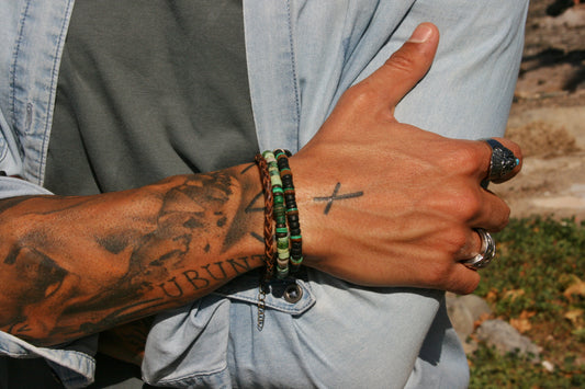 Men's Gemstone Leather Bracelet Set, Boho Coconut & Shell Stackable Bracelets, Handmade Layered Jewelry Gift