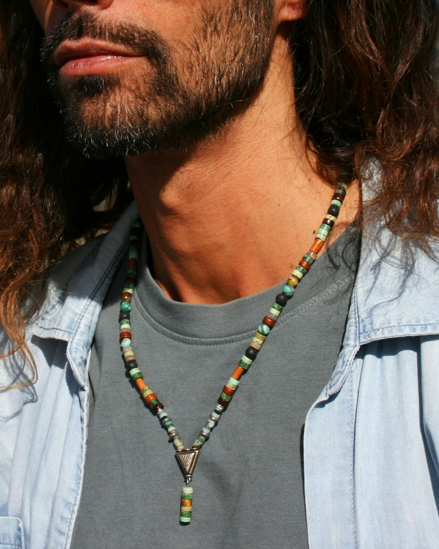 Men's Gemstone Triangle Pendant Necklace – Tribal Beaded Choker with African Turquoise, Jasper & Tiger Eye