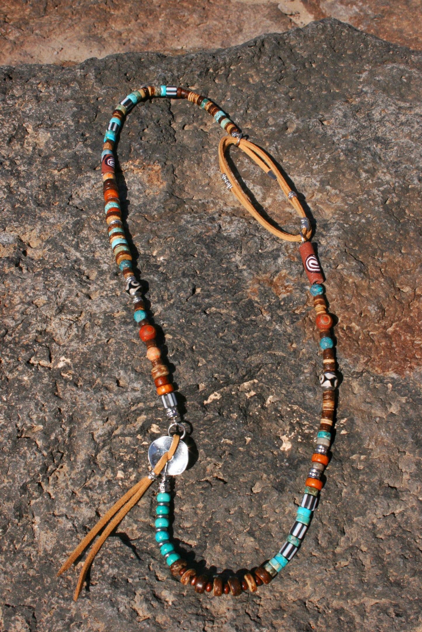 Mens Tribal Necklace – Asymmetrical Gemstone & Leather Boho Necklace