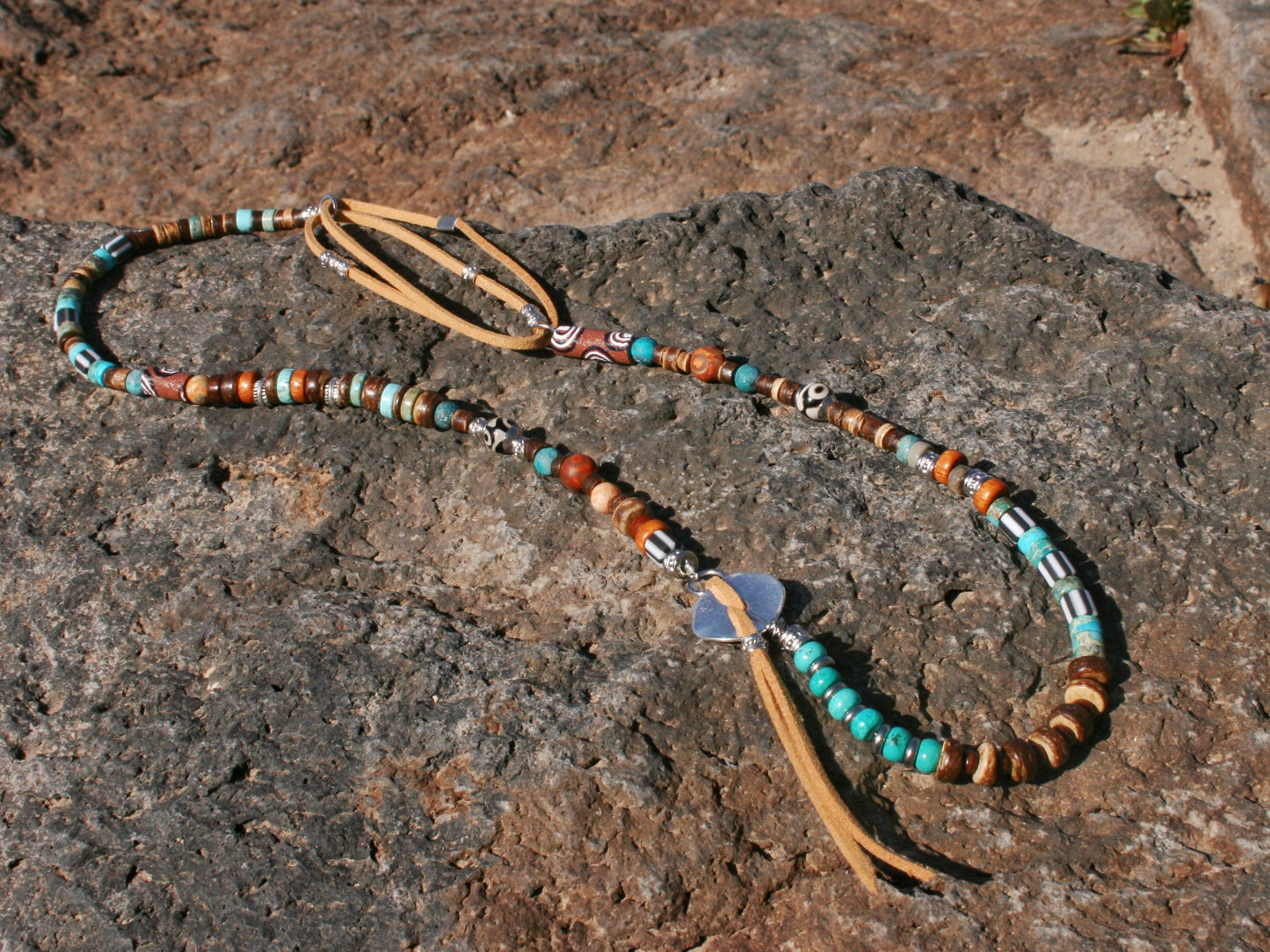 Mens Tribal Necklace – Asymmetrical Gemstone & Leather Boho Necklace