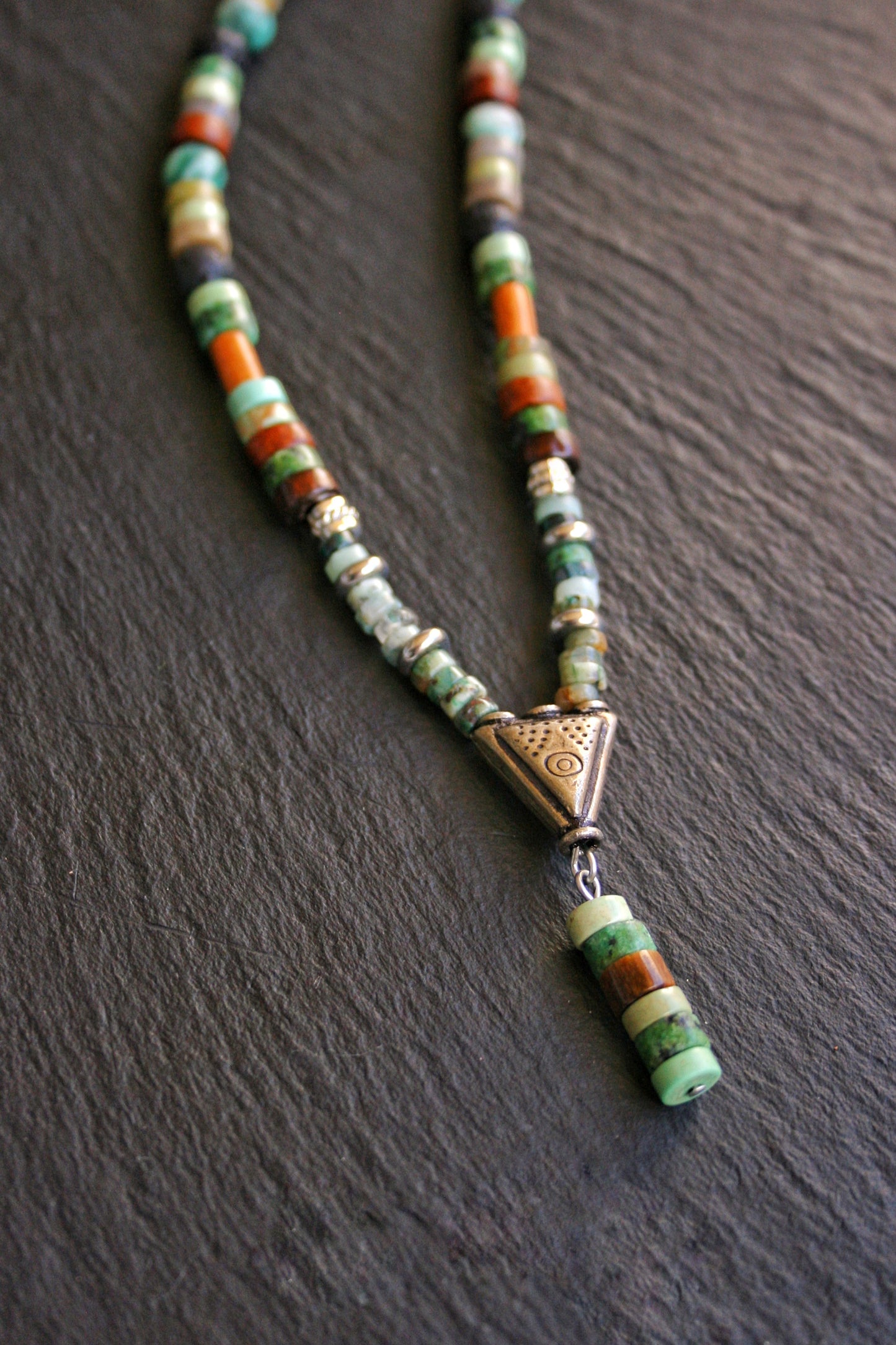 Men's Gemstone Triangle Pendant Necklace – Tribal Beaded Choker with African Turquoise, Jasper & Tiger Eye