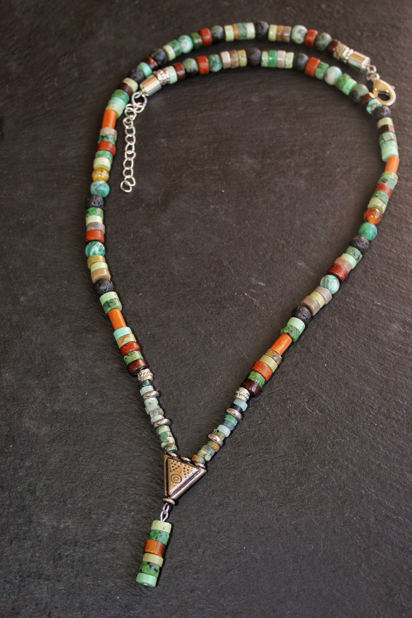 Men's Gemstone Triangle Pendant Necklace – Tribal Beaded Choker with African Turquoise, Jasper & Tiger Eye