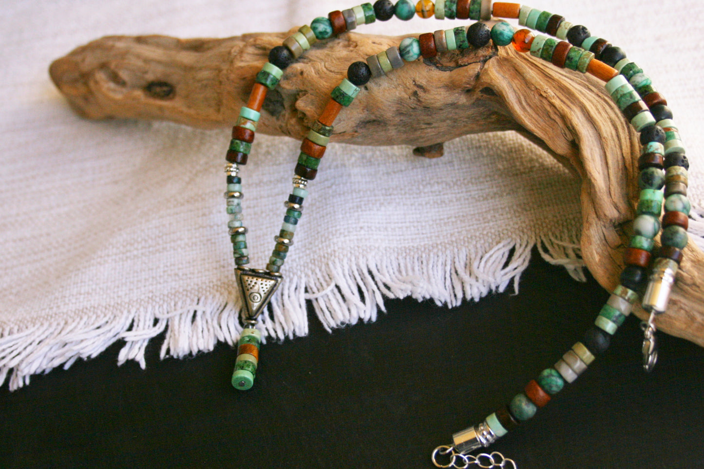 Men's Gemstone Triangle Pendant Necklace – Tribal Beaded Choker with African Turquoise, Jasper & Tiger Eye